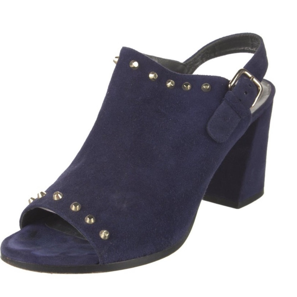 Stuart Weitzman Blue Suede heel sandal with Gold Studs GUC RARE size 10M